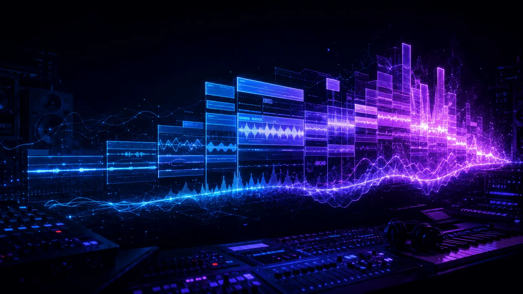 Futuristic music studio with glowing blue and purple audio tracks forming an expanding digital song arrangement.