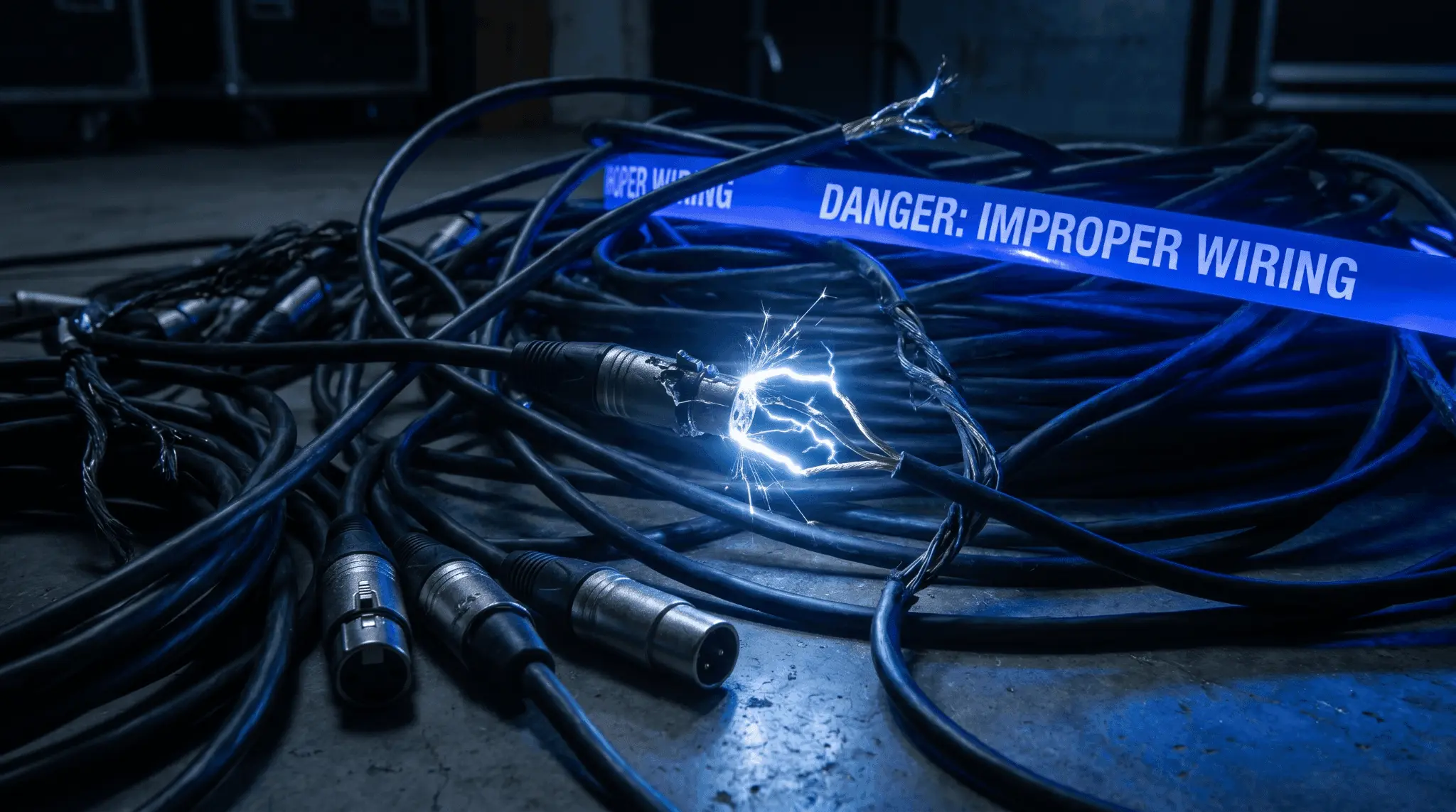 Photo-style image of damaged audio cables with warning tape, showing the risks of improper wiring in phantom power and XLR microphone setups.