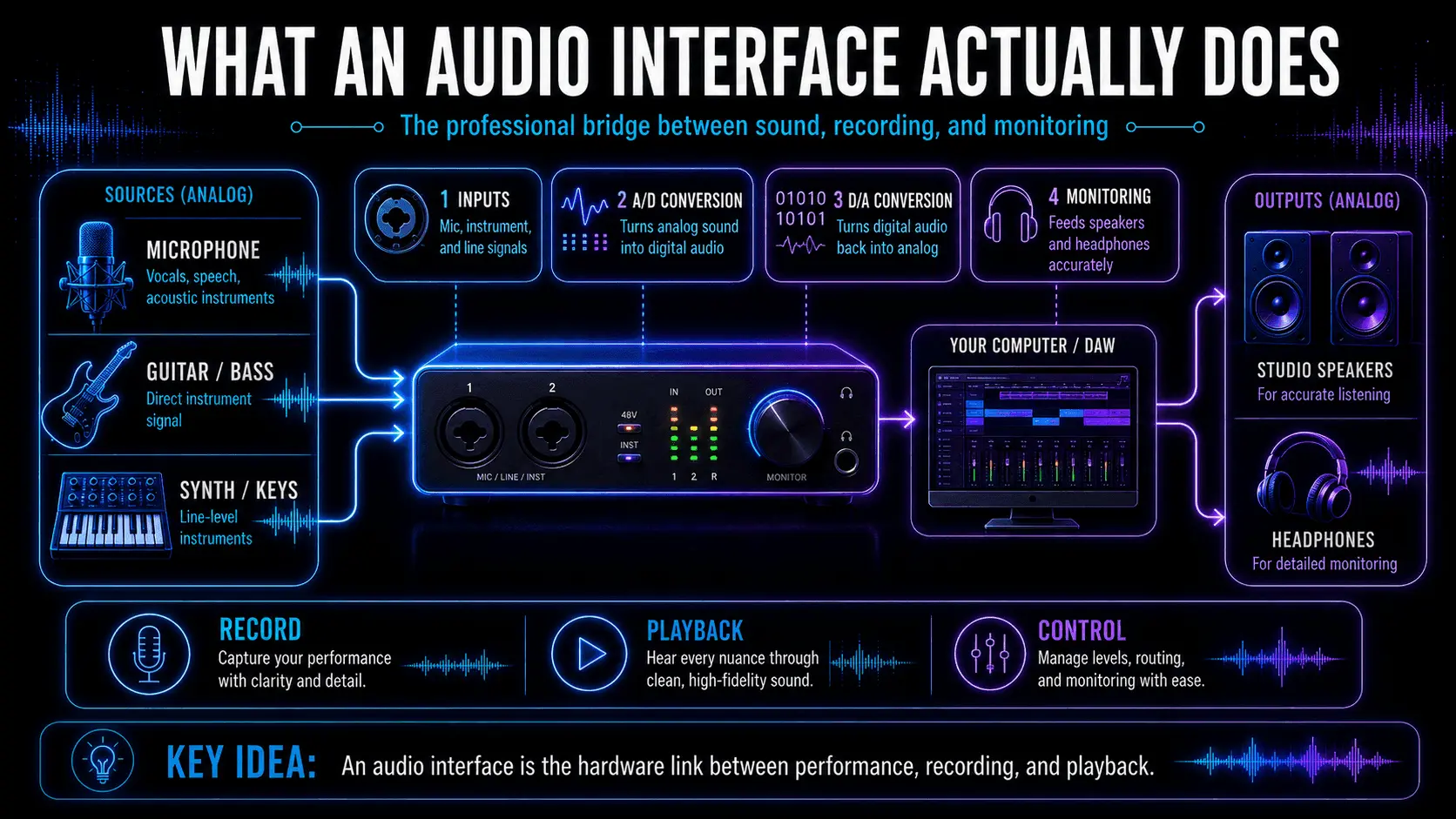 Audio interface workflow connecting a microphone, guitar, and synthesizer to a DAW, studio speakers, and headphones.