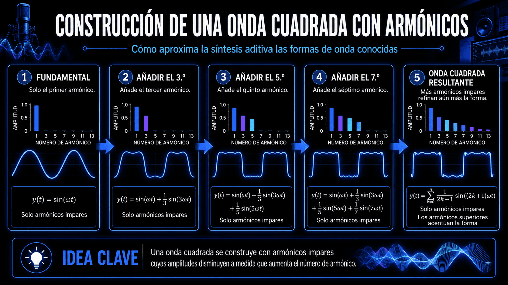 Construcción paso a paso de una onda cuadrada agregando el tercero, quinto, séptimo y armónicos impares superiores a una onda sinusoidal fundamental.