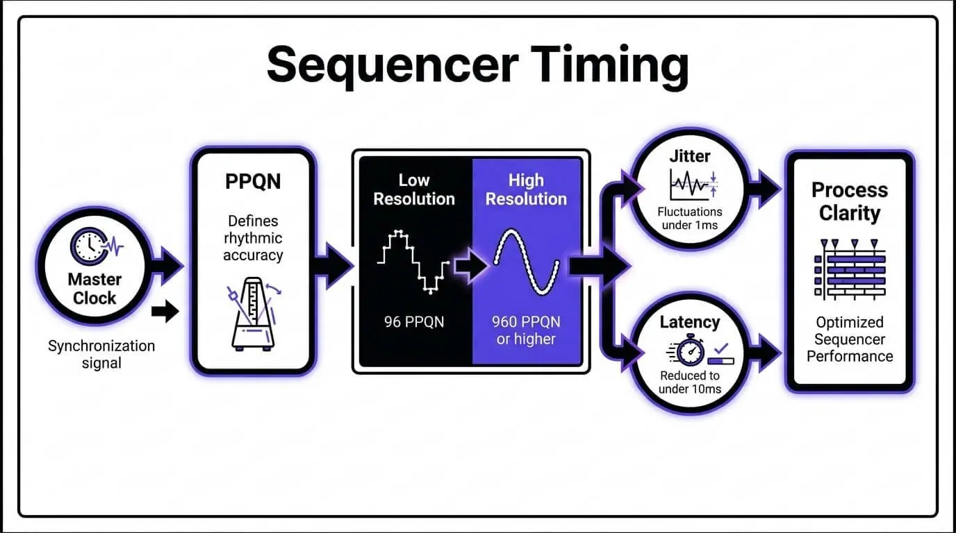 Infographic explaining sequencer timing, showing how a master clock, PPQN resolution, jitter, and latency affect rhythmic accuracy and sequencer performance.