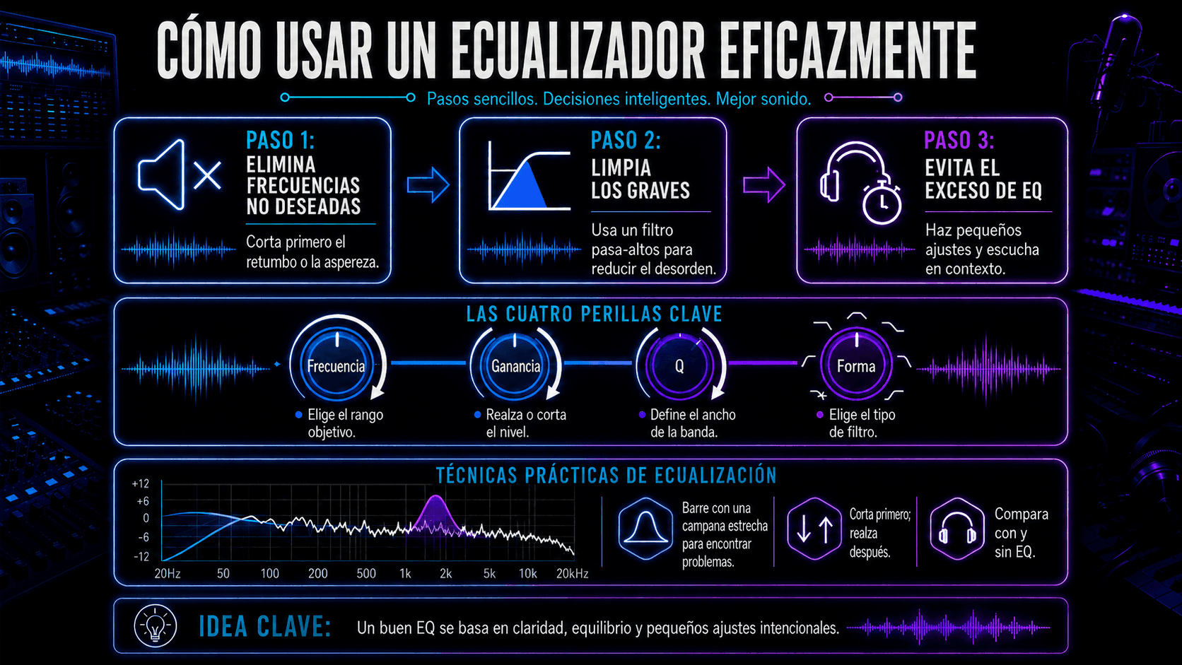 Infografía explicando cómo usar un ecualizador efectivamente, incluyendo remoción de frecuencias no deseadas, limpieza de extremos graves, controles de EQ y técnicas prácticas de filtrado.