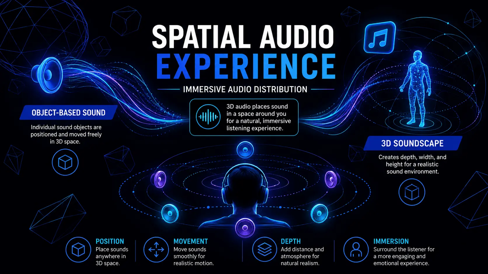 Abstract spatial audio infographic showing object-based sound, immersive audio distribution, sound waves, and a 3D soundscape around a listener.