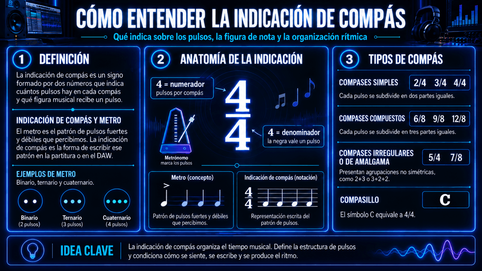 Infografía sobre cómo entender la indicación de compás, el numerador, el denominador y los tipos de compás musicales
