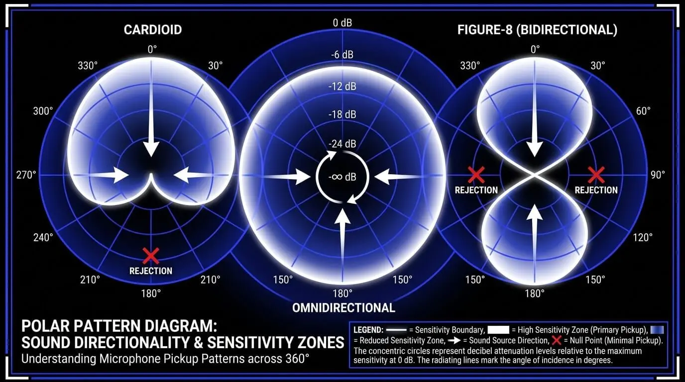 Polar pattern diagram comparing cardioid, omnidirectional, and figure-eight microphone pickup zones with rejection points and sensitivity levels.