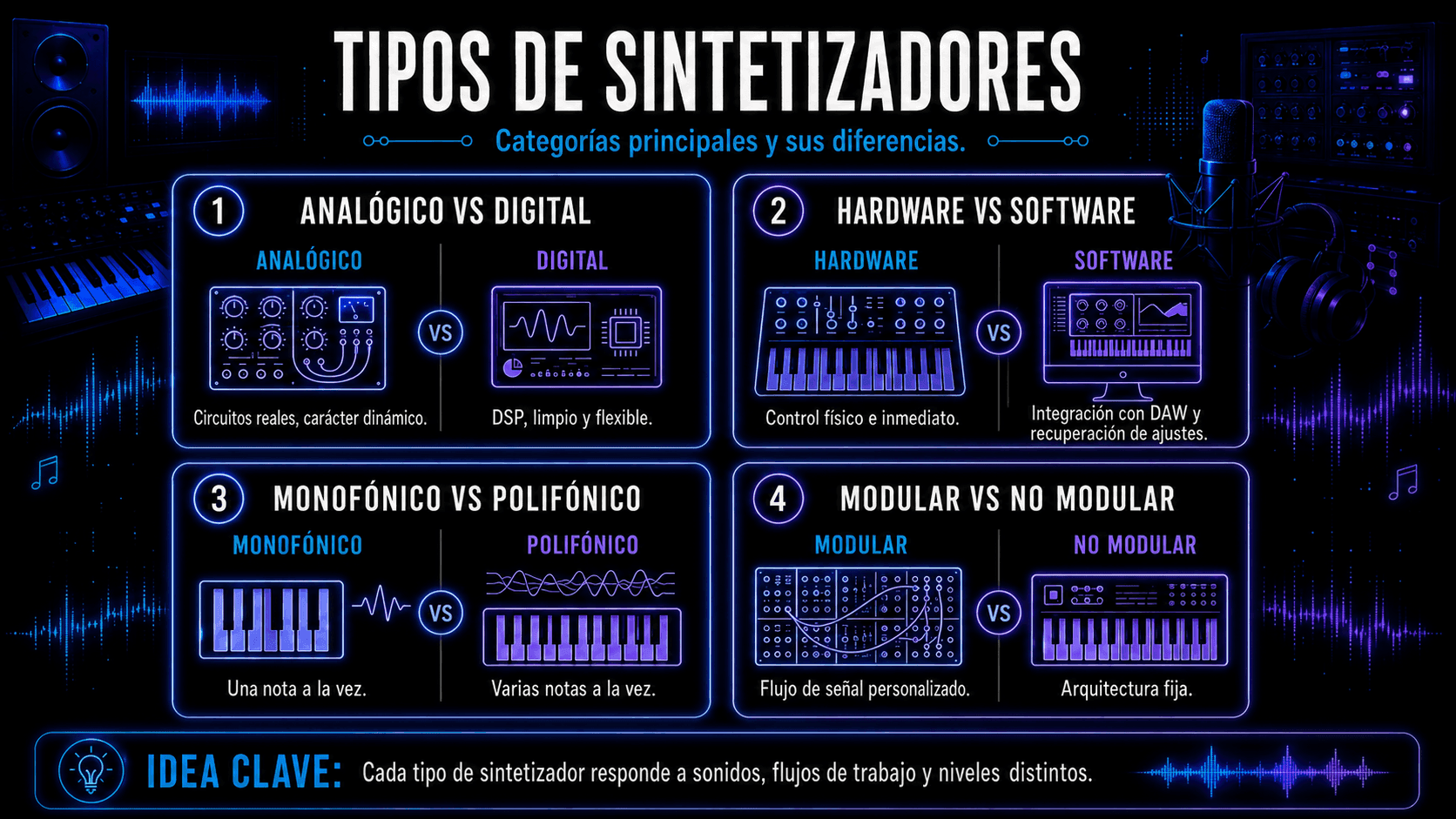 Infografía comparando sintetizadores analógicos y digitales, hardware y software, monofónicos y polifónicos, y modulares y no modulares.