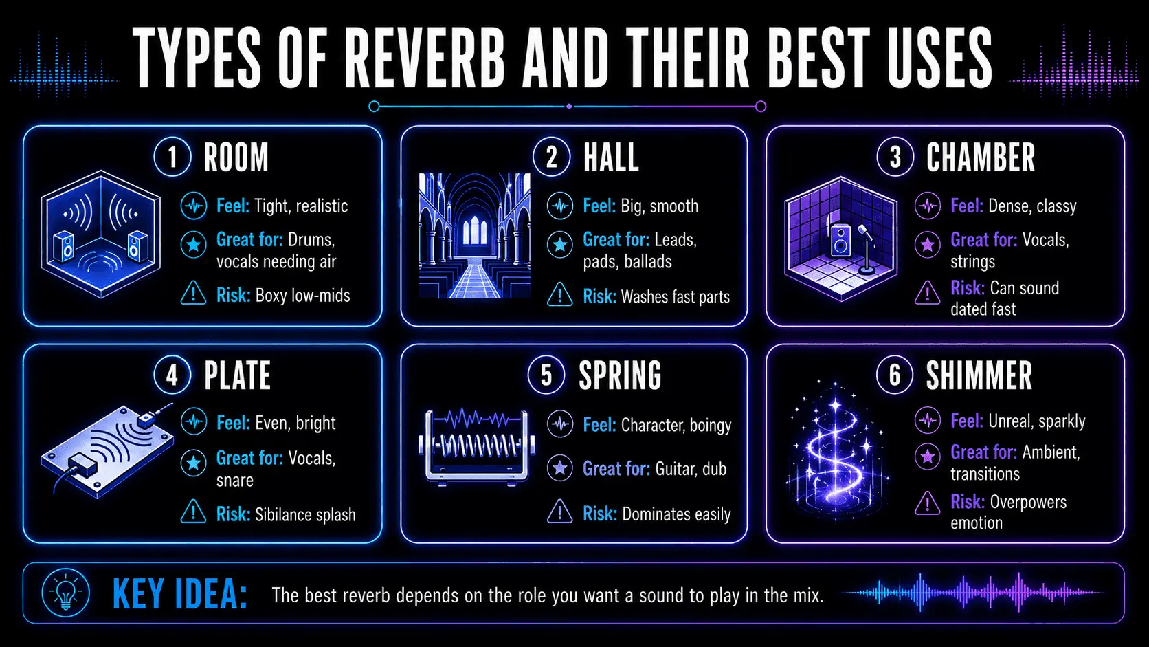 Infographic showing six types of reverb and their best uses, including room, hall, chamber, plate, spring, and shimmer reverb.