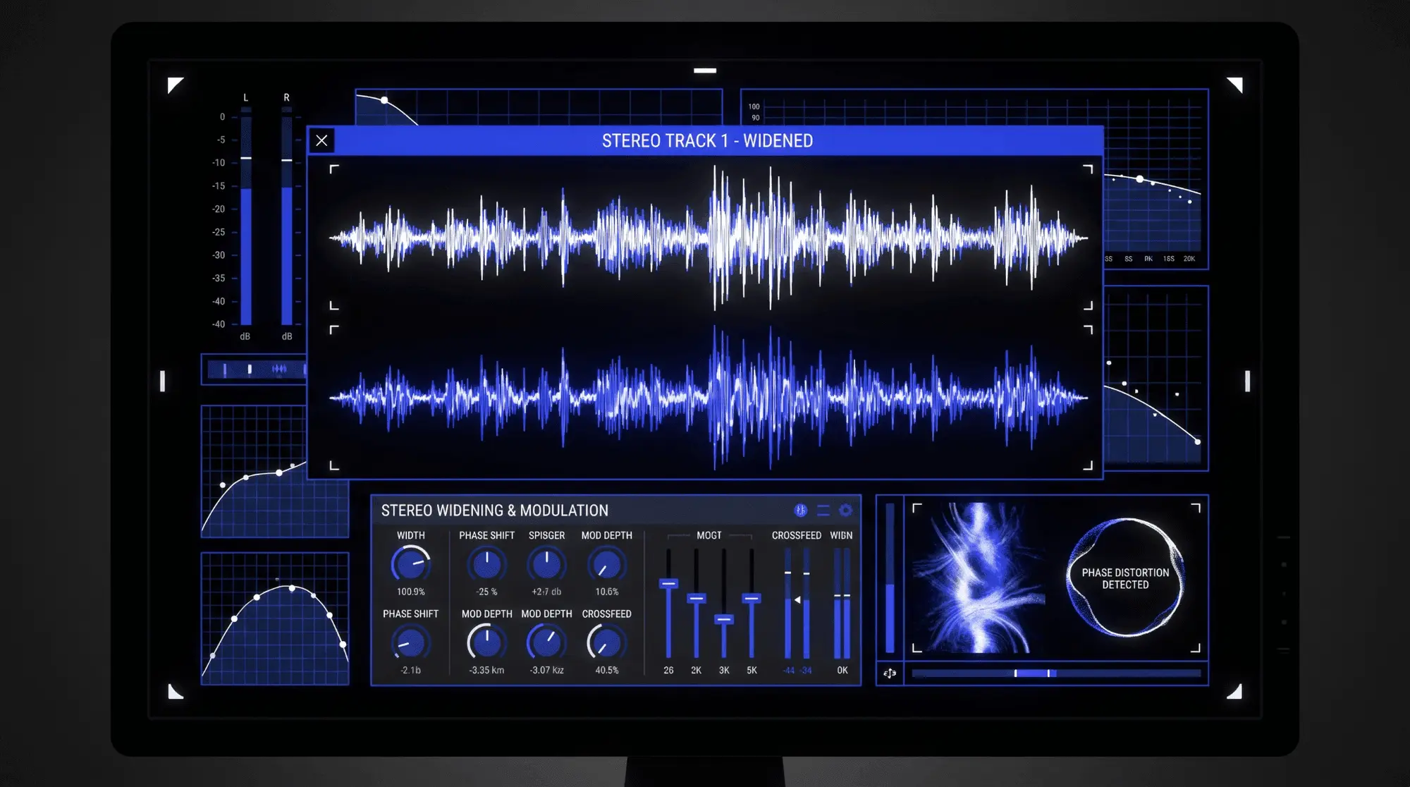 Infographic showing a widened stereo audio track with waveform display, modulation controls, phase distortion warning, and analysis graphs for stereo phase issues.