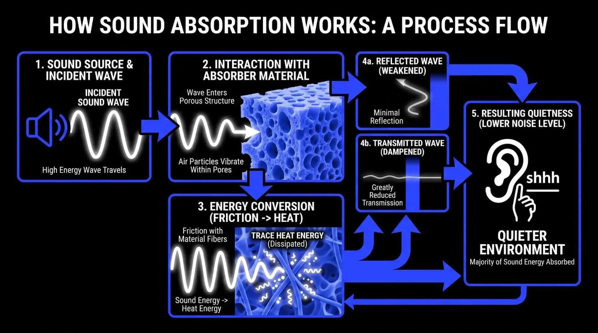Infographic explaining how sound absorption works as waves enter porous material, lose energy through friction, and create a quieter room.