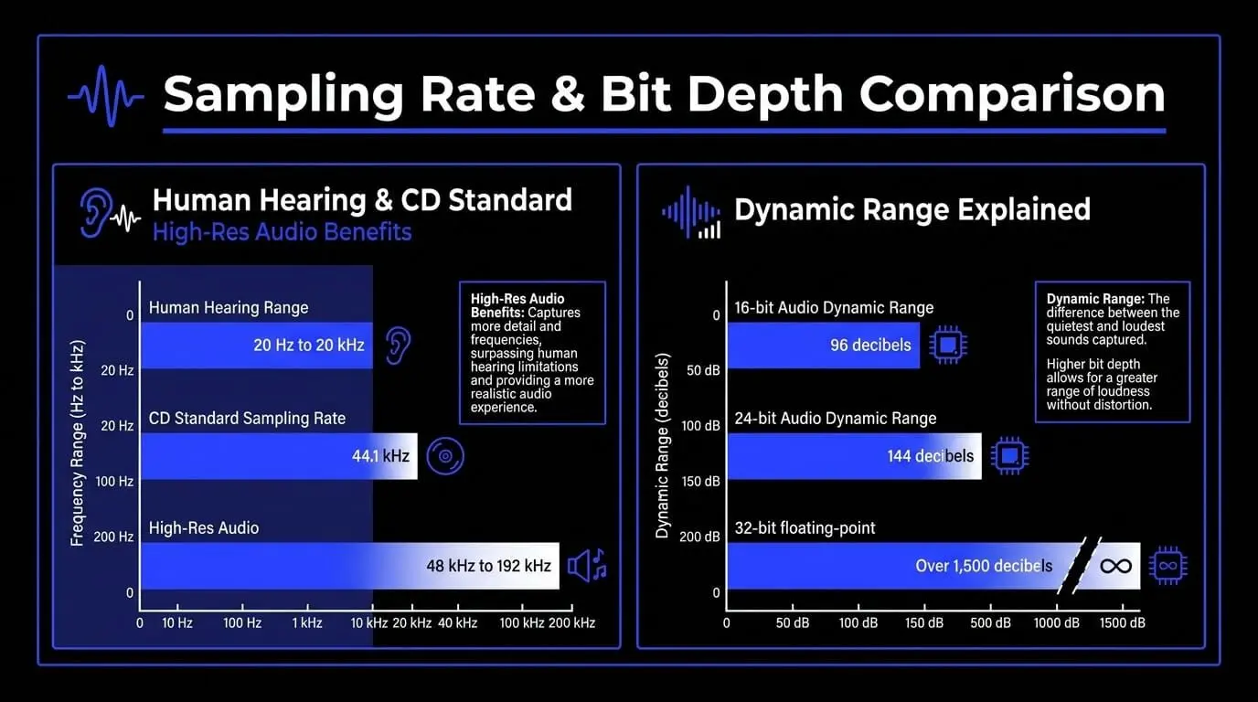 Infographic comparing sampling rate and bit depth in digital audio, including human hearing range, CD standard, high-resolution audio, and dynamic range.