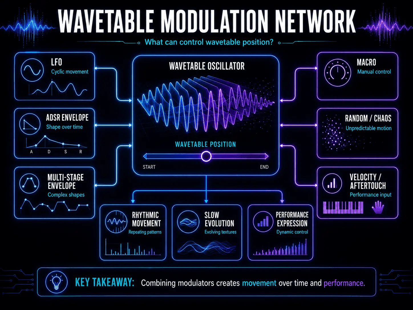 Wavetable modulation network connecting LFOs, envelopes, macros, random sources, velocity, and aftertouch to oscillator position.