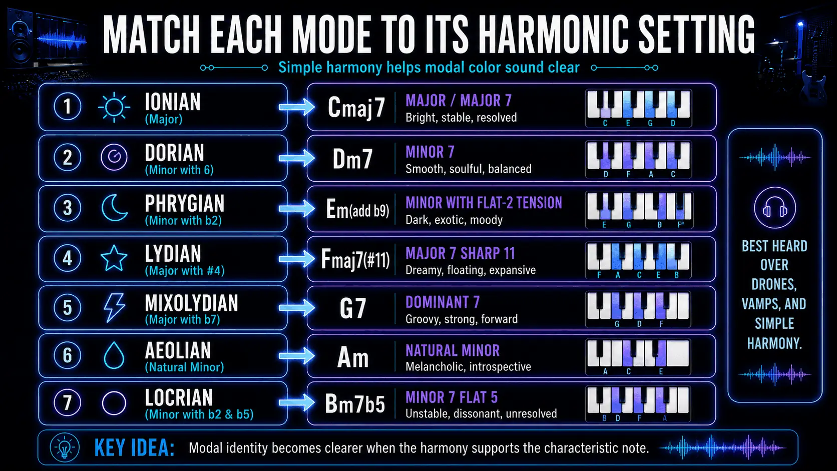 Seven musical modes matched with suitable chords, including major seventh, minor seventh, dominant seventh, and half-diminished harmony.
