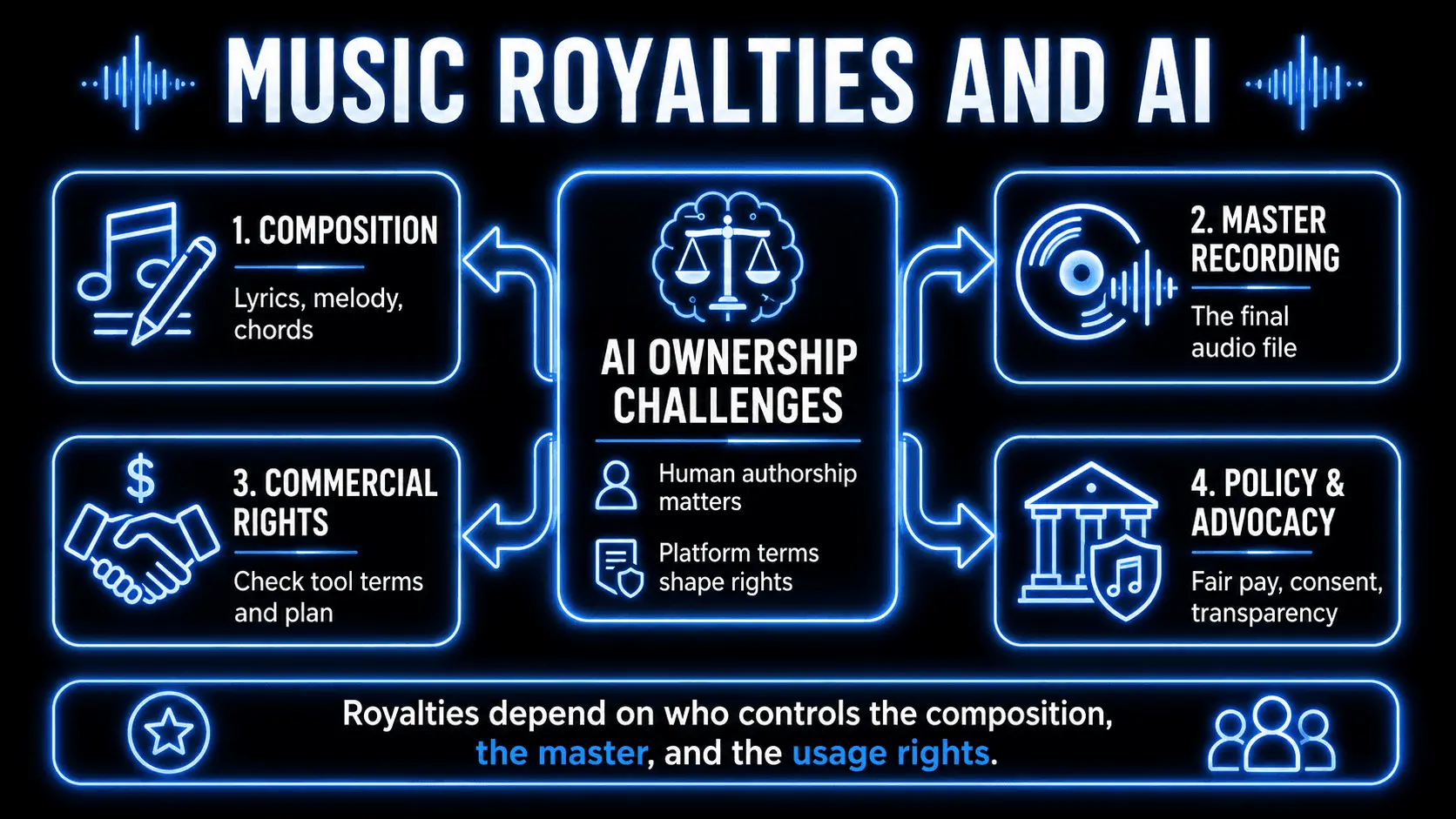 Infographic explaining music royalties and AI, showing composition rights, master recording ownership, AI creation challenges, commercial ownership, and music advocacy efforts.