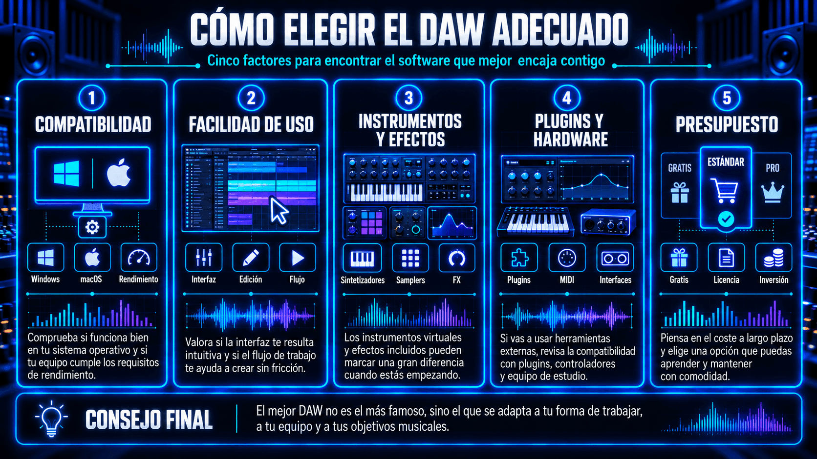 Infografía con cinco criterios para elegir un DAW: compatibilidad, facilidad de uso, instrumentos y efectos, plugins y hardware, y presupuesto.
