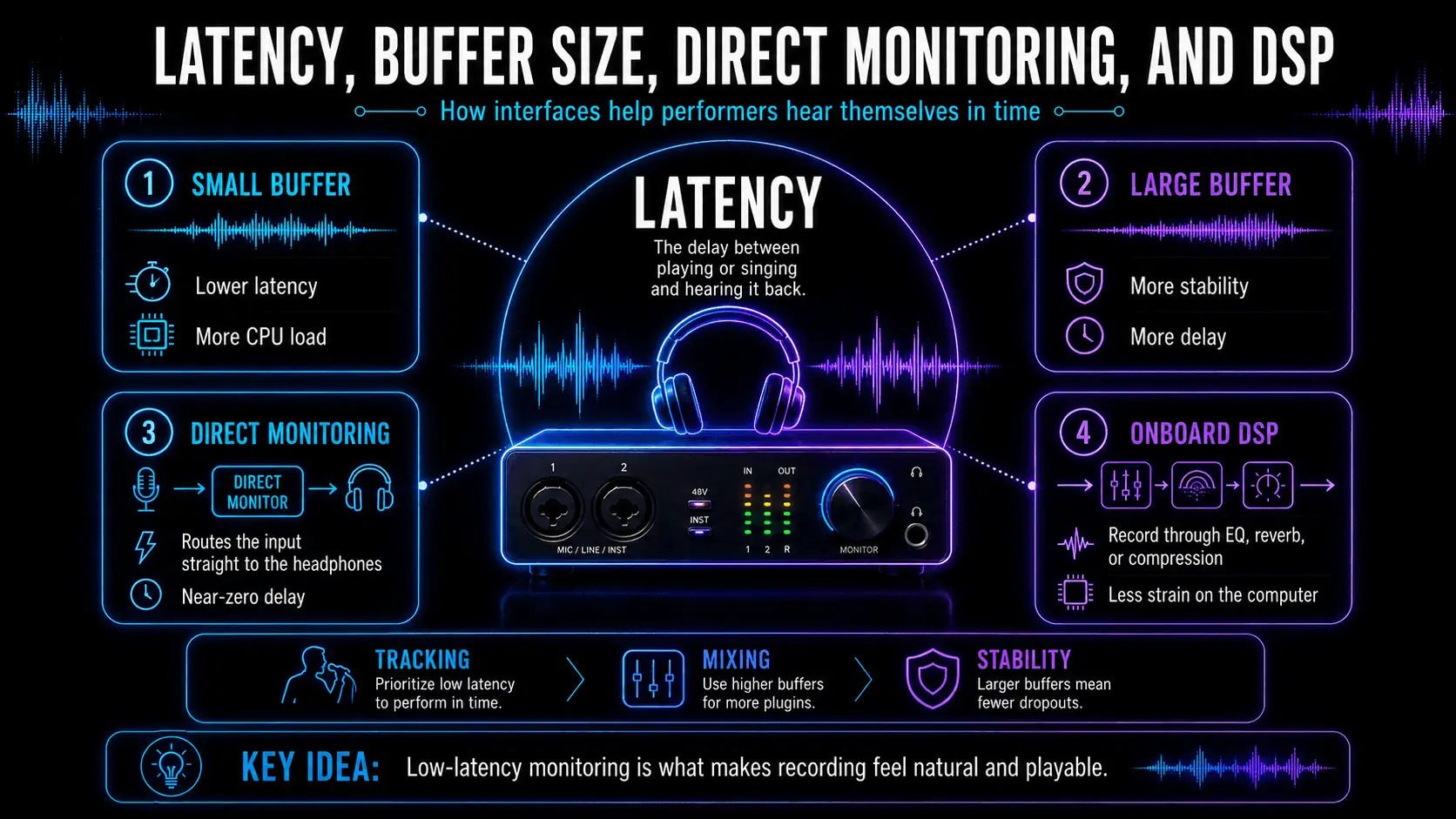 Infographic comparing small and large audio buffers, direct monitoring, onboard DSP, latency, CPU load, and recording stability.