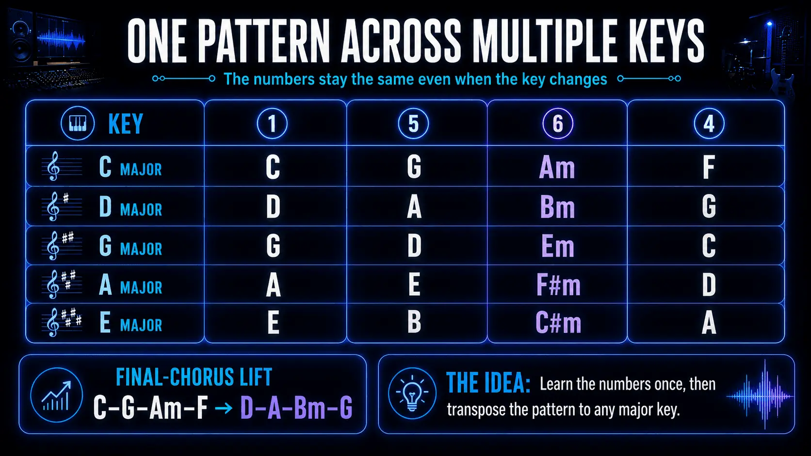 Infographic showing the 1–5–6–4 progression in C, D, G, A, and E major, plus a final-chorus modulation from C to D major.