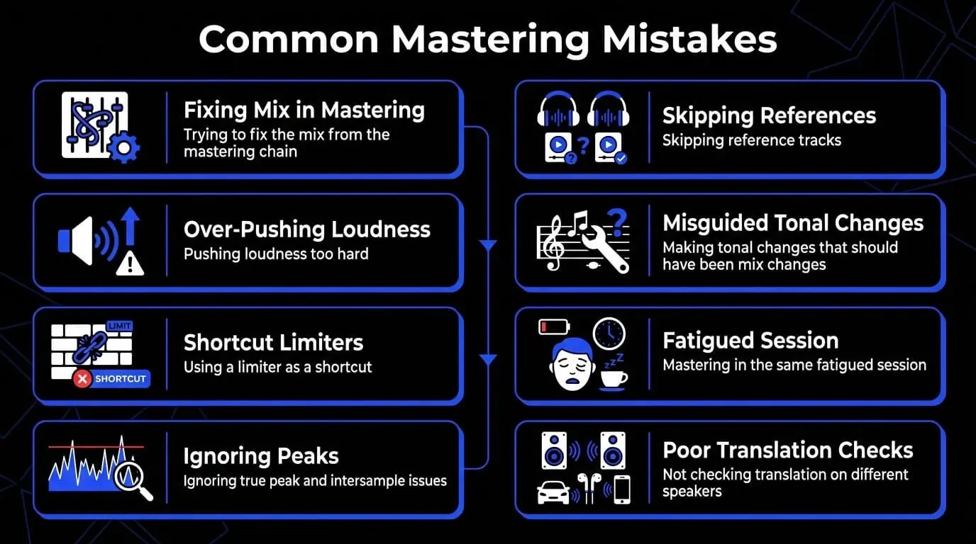 Infographic showing common mastering mistakes such as fixing the mix in mastering, shortcut limiters, fatigued sessions, and poor speaker checks.