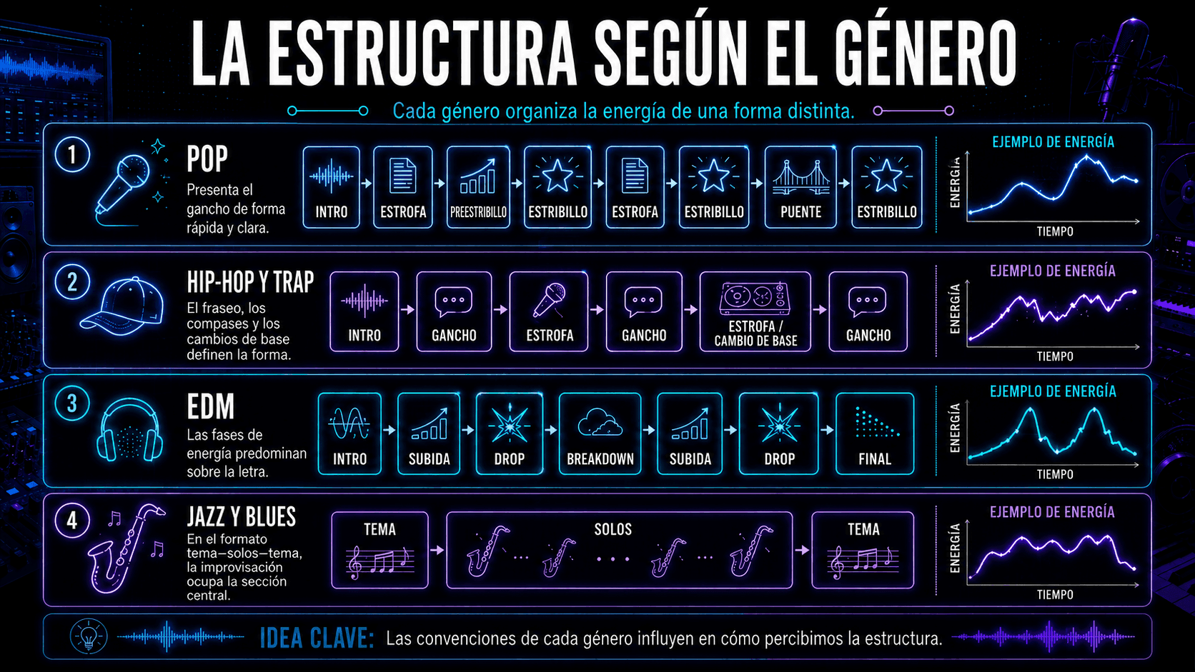 Comparación de géneros mostrando estructuras típicas de canciones y patrones de energía para pop, hip-hop y trap, EDM, jazz y blues.