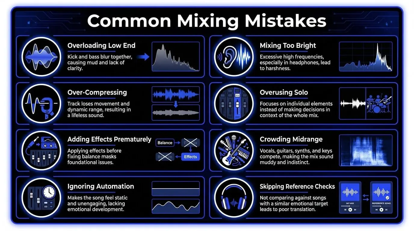 Infographic showing common mixing mistakes, including overloaded low end, over-compression, harsh brightness, crowded midrange, overusing solo, and skipping reference checks.