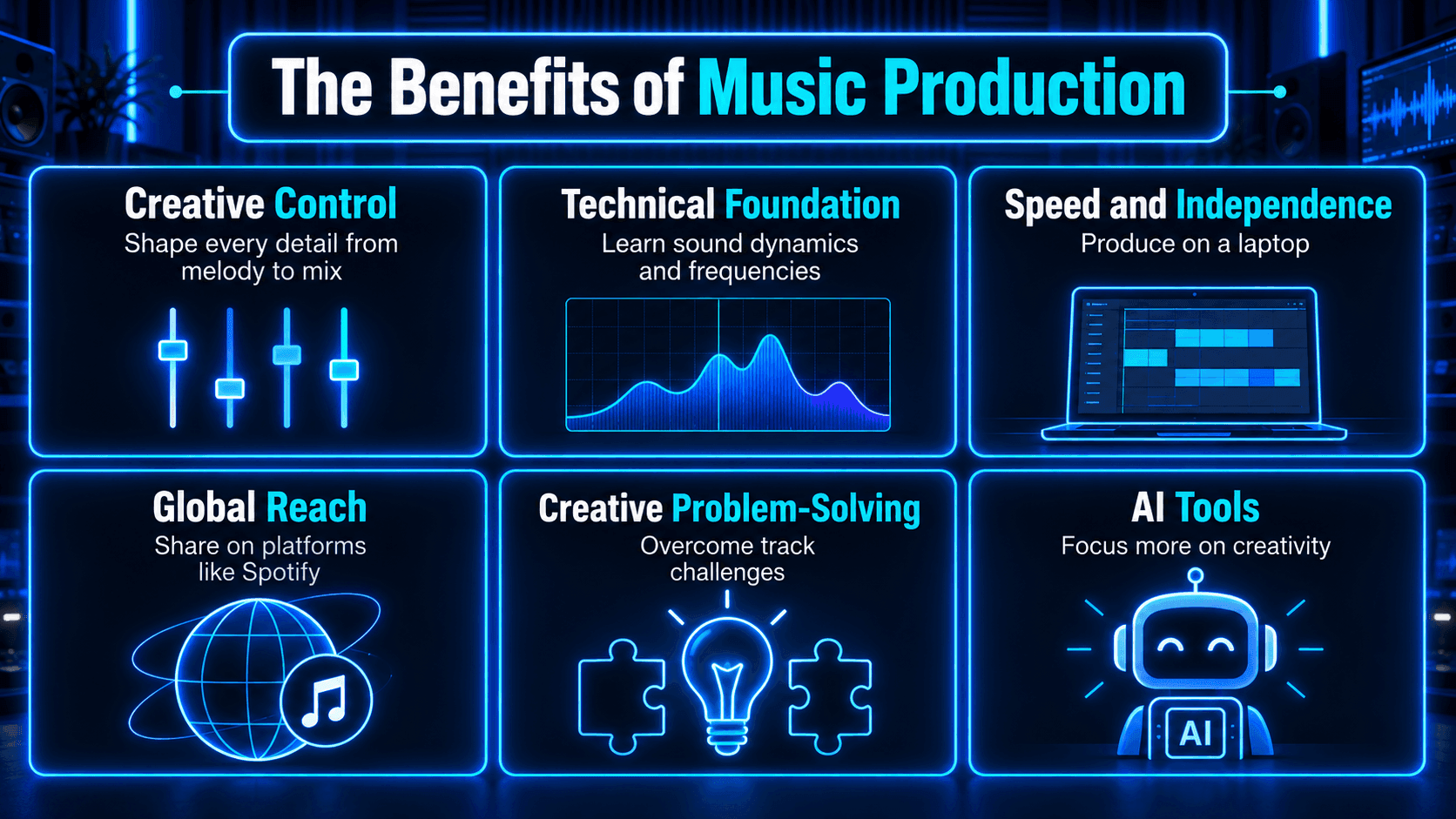 Infographic showing the benefits of music production, including creative control, technical skills, speed, global reach, problem-solving, and AI tools.