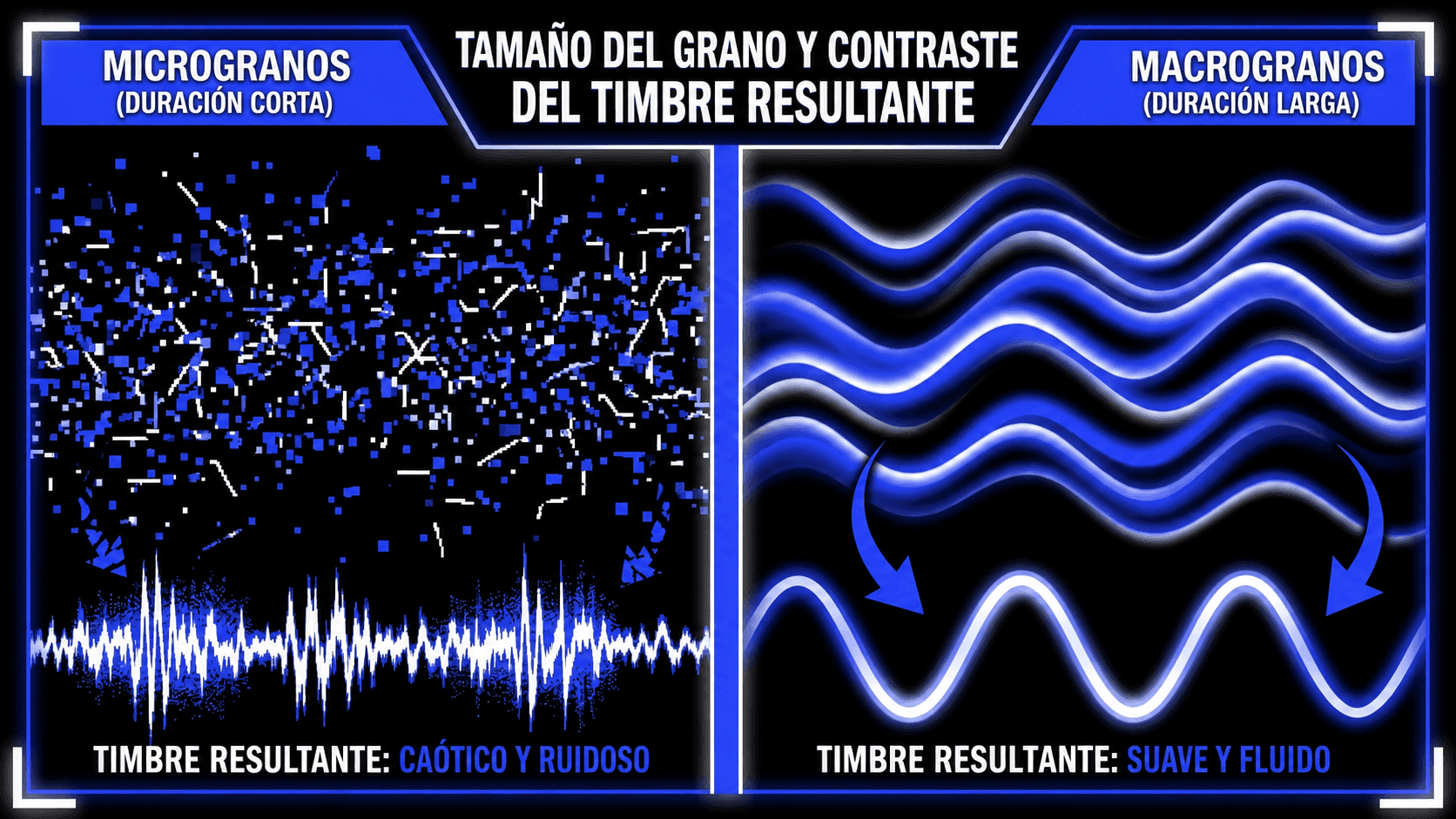 Comparación de tamaños de grano micro y macro mostrando salida de grano corto ruidosa versus timbre de grano largo suave.