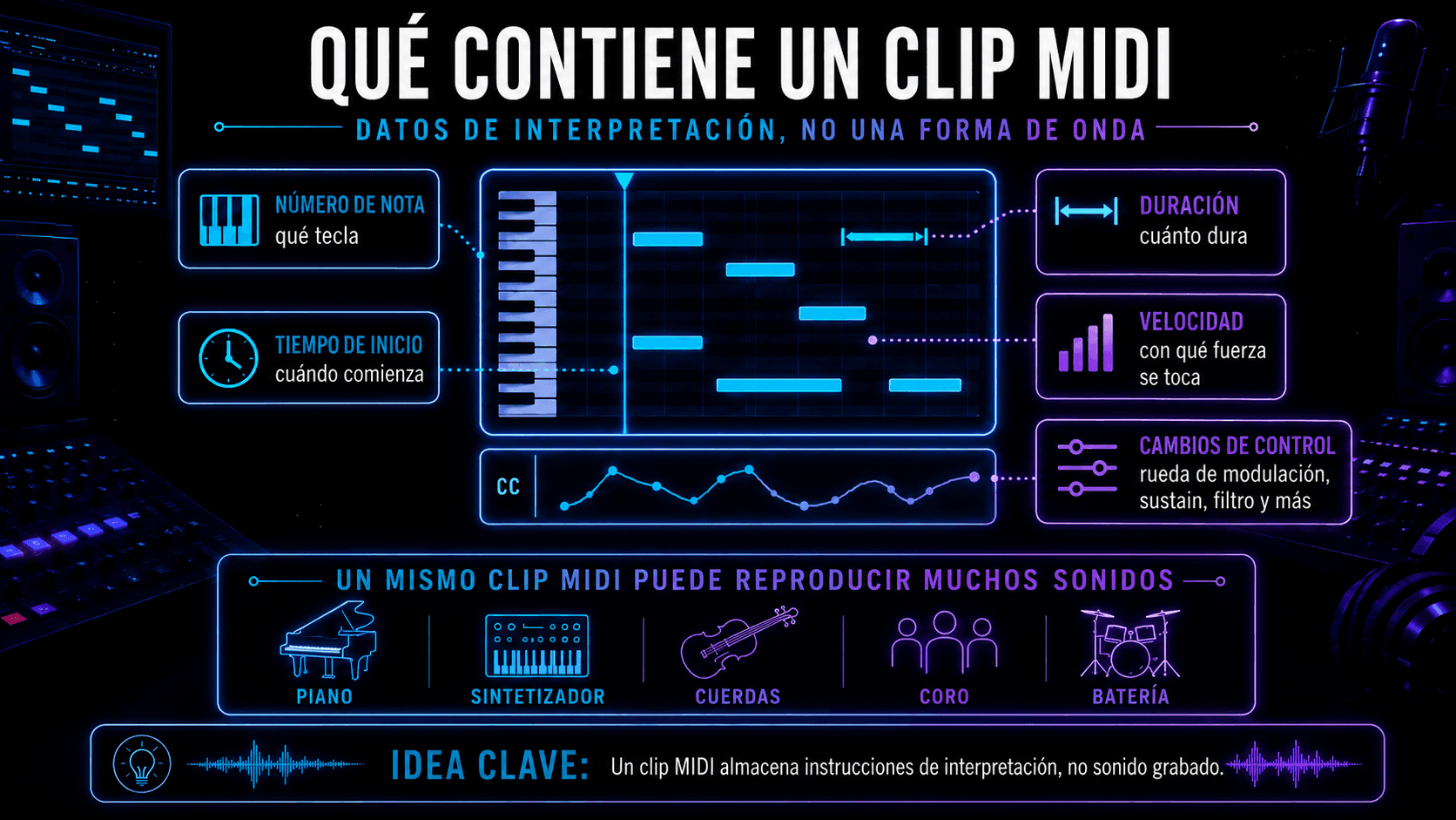 Infografía que muestra los datos contenidos en un clip MIDI y los diferentes sonidos que puede reproducir.