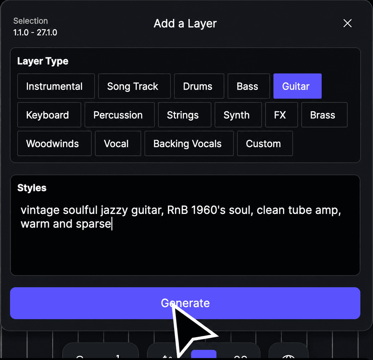 ACE Studio Add a Layer window with guitar selected and a prompt describing a warm, sparse, soulful guitar part.