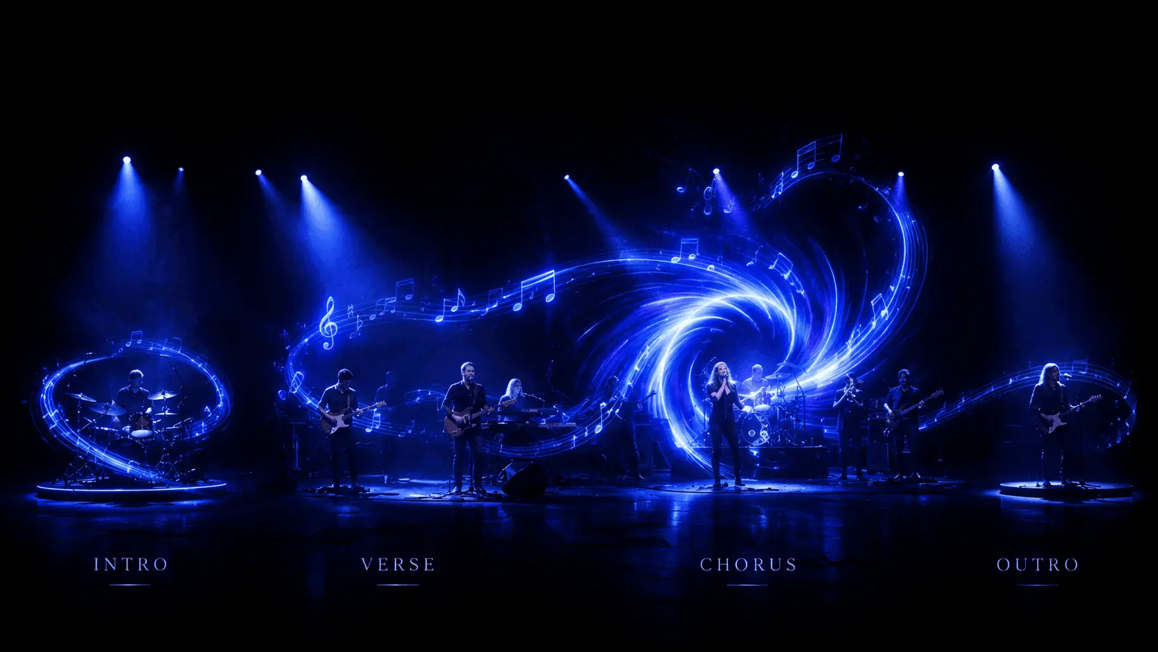 Live band performing as glowing musical lines connect the intro, verse, chorus, and outro stages of a song.