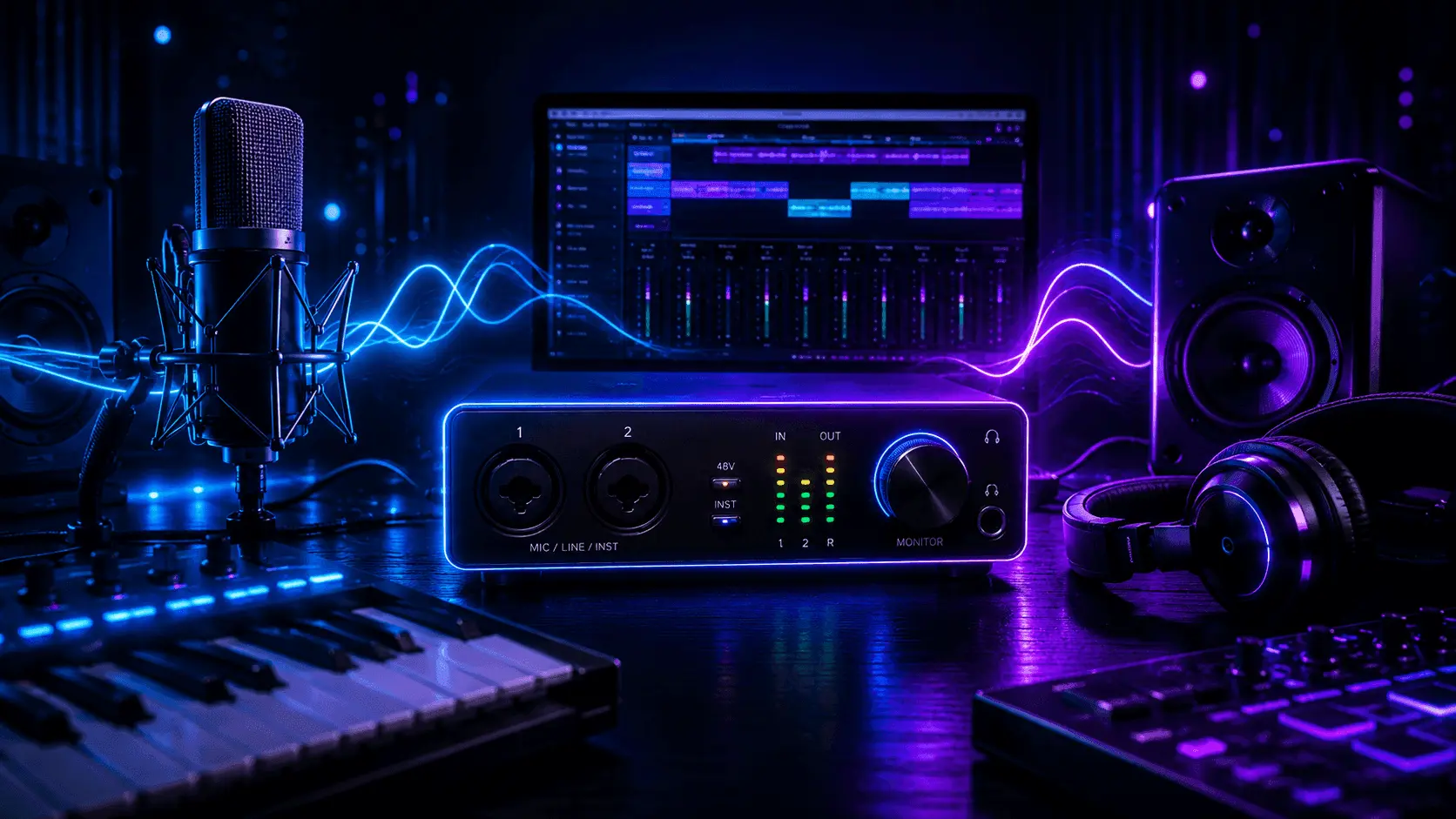Modern home recording studio with an audio interface, condenser microphone, headphones, speakers, MIDI keyboard, pads, and a DAW.