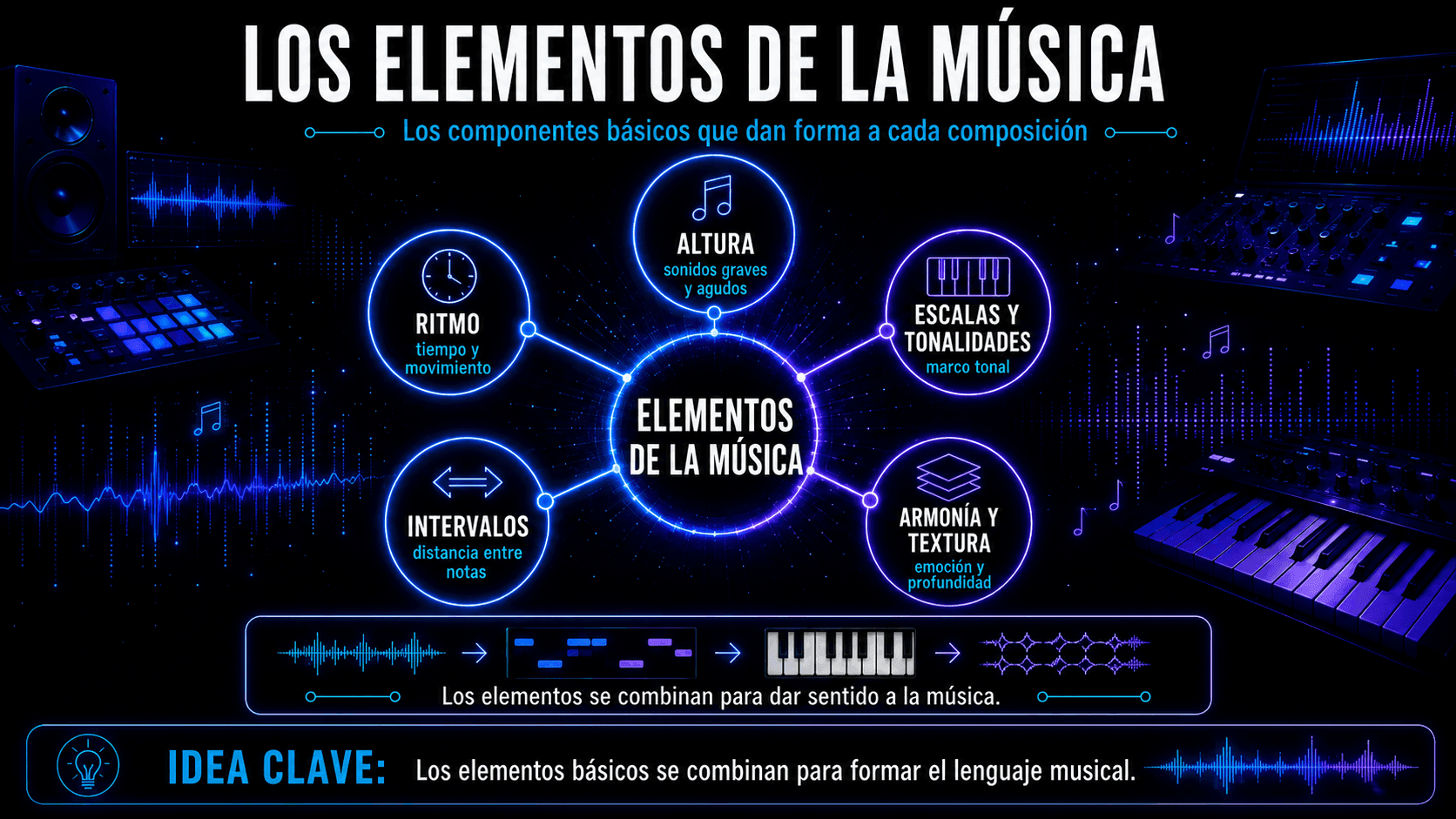 Infografía mostrando ritmo, tono, escalas y tonalidades, intervalos, armonía y textura como elementos conectados de la música.