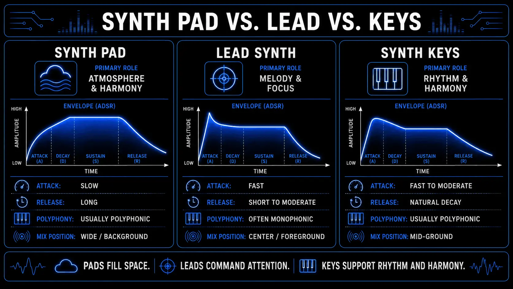 Infographic comparing synth pads, lead synths, and synth keys by musical role, ADSR envelope, polyphony, attack, release, and mix position.