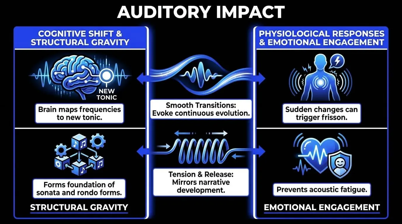 Infographic explaining the auditory impact of music modulation, including cognitive shifts, structural gravity, frisson, tension and release, and emotional engagement.