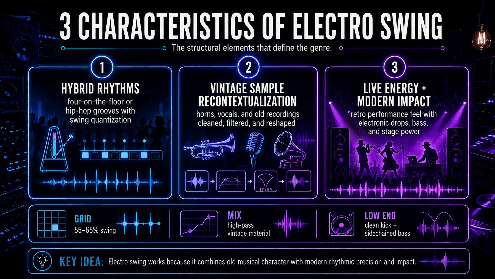 Three defining electro swing characteristics: swing-quantized rhythms, processed vintage samples, and live performance with electronic production.