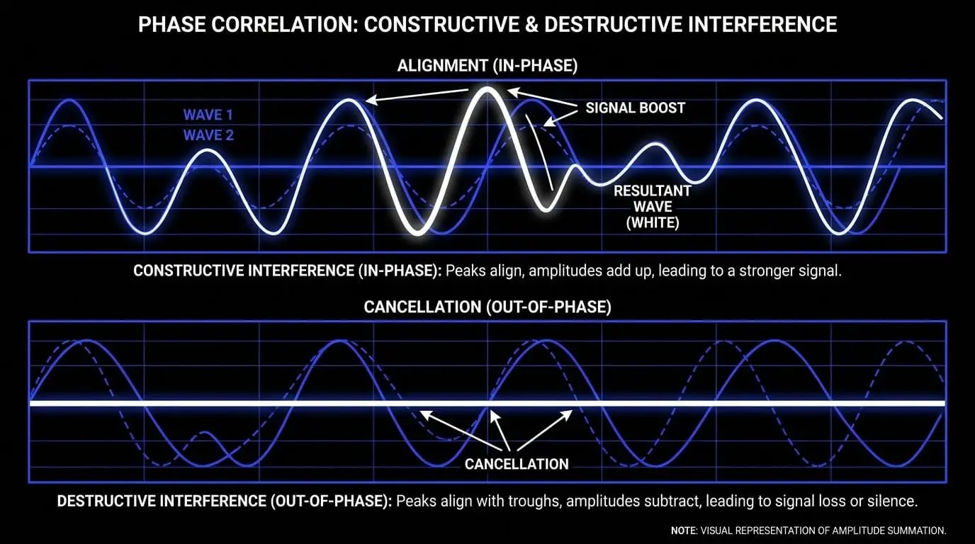 Infographic explaining constructive and destructive phase interference with aligned and out-of-phase waveforms.
