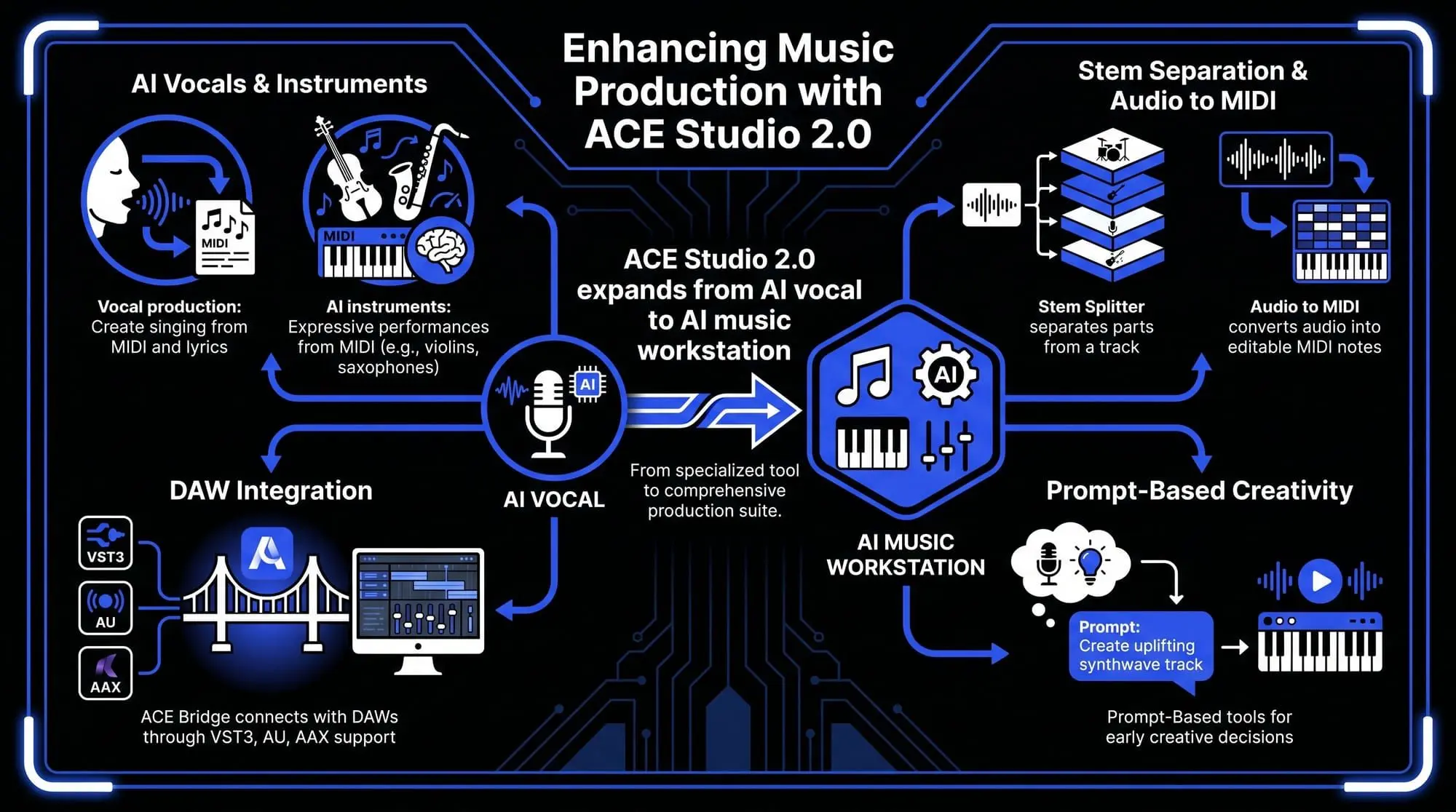 Infographic showing ACE Studio 2.0 as an AI music workstation with AI vocals, AI instruments, stem separation, audio to MIDI, DAW integration, and prompt-based music creation tools.