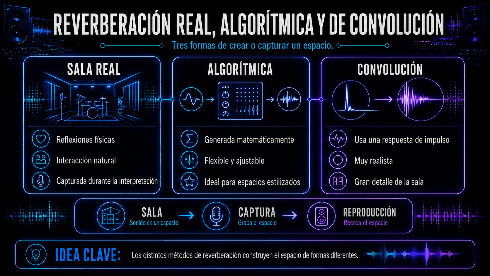 Infografía comparando métodos de producción de reverberación de habitación real, algorítmica y de convolución.
