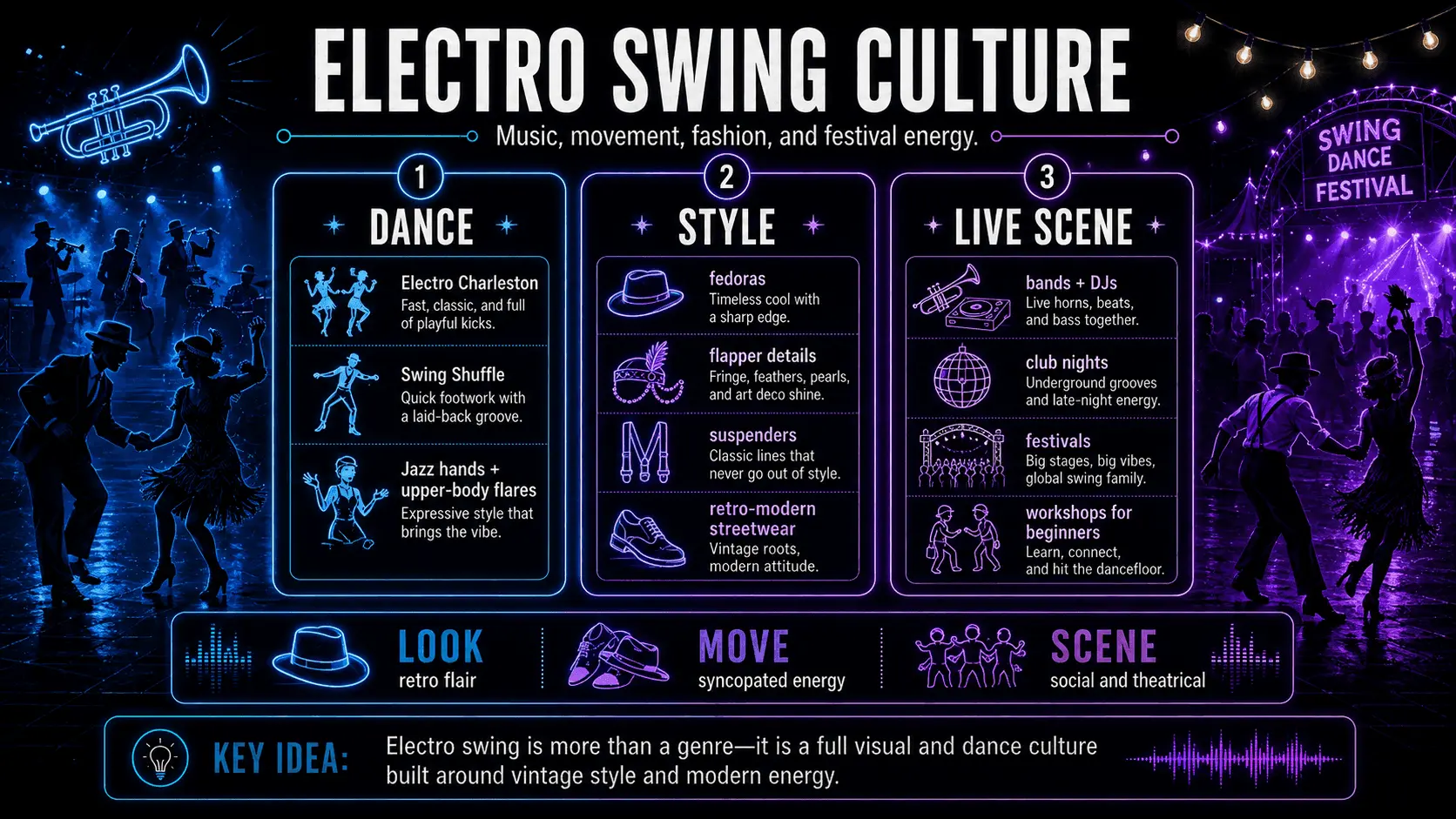 Electro swing culture infographic featuring Charleston dance, retro fashion, live bands, DJs, club nights, festivals, and beginner workshops.