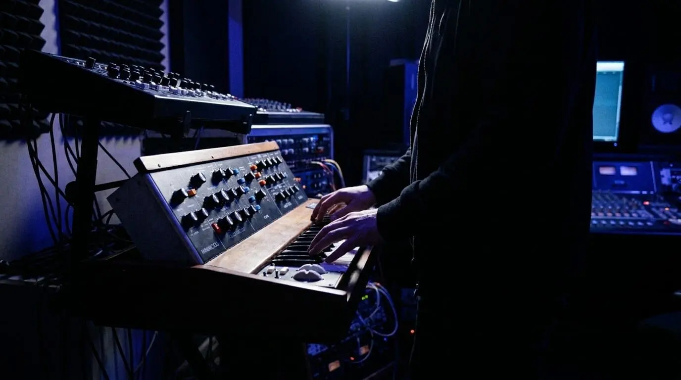 Music producer playing an analog subtractive synthesizer surrounded by studio mixing equipment and acoustic panels