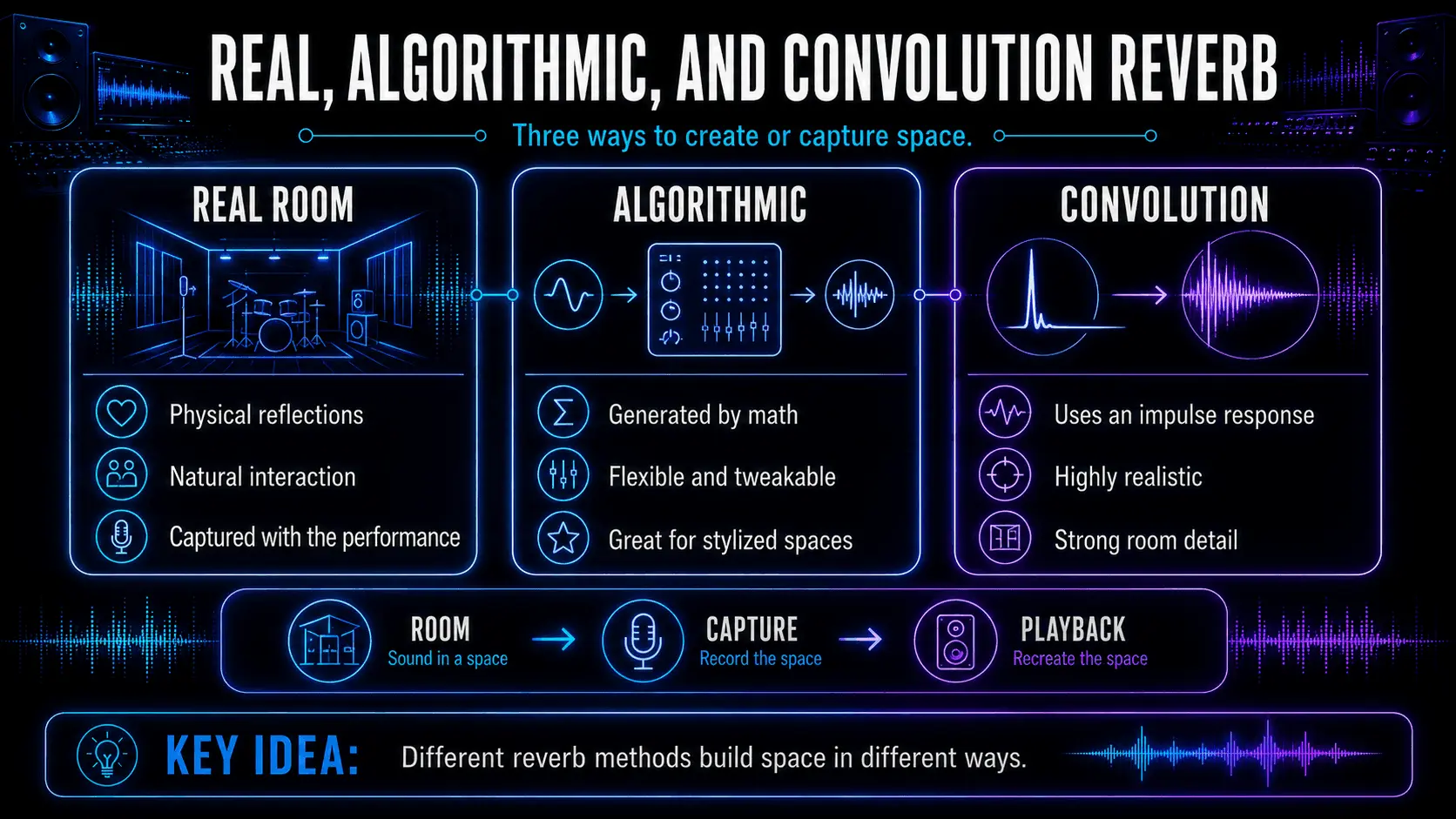 Infographic comparing real room, algorithmic, and convolution reverb production methods.