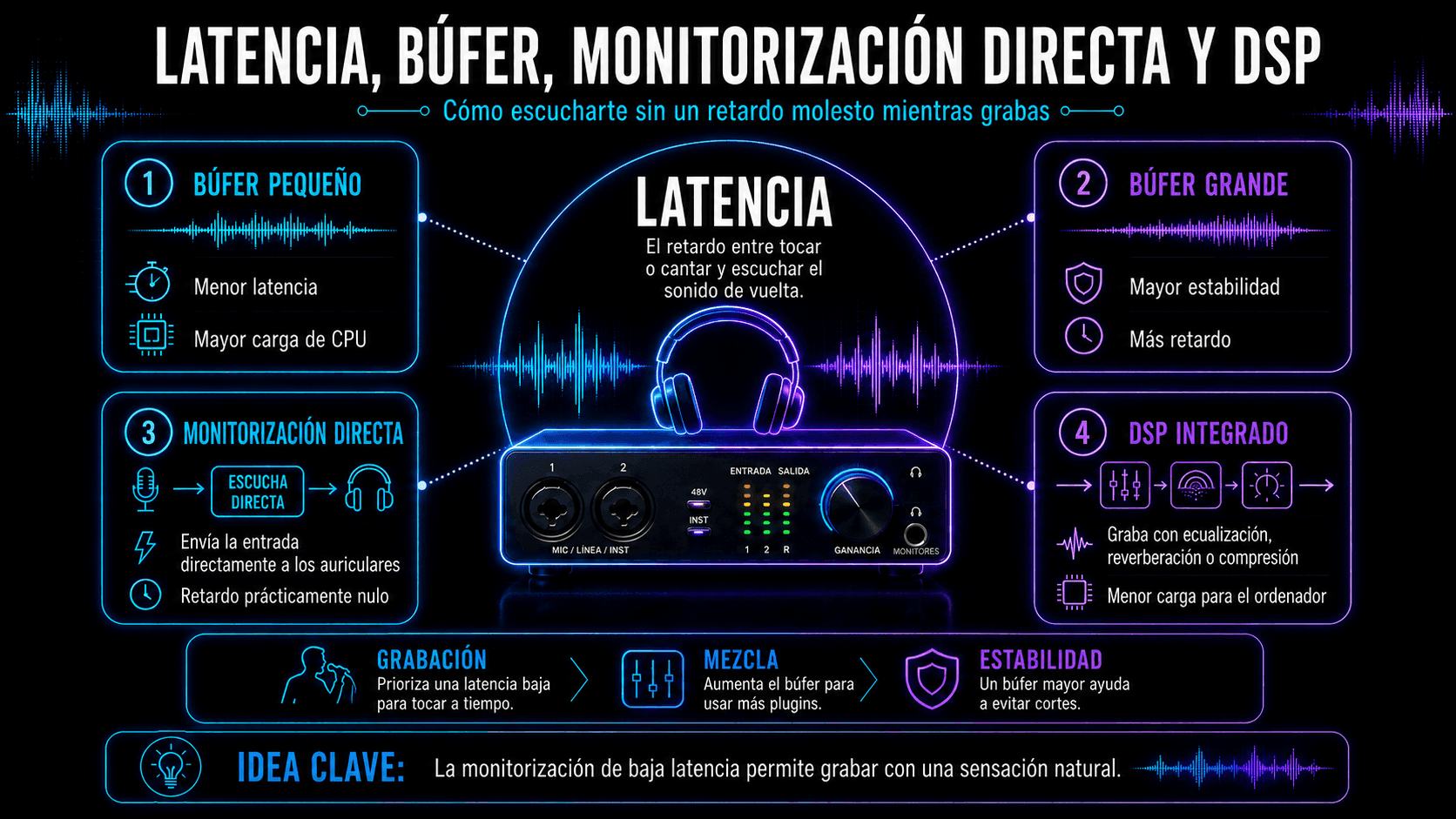 Infographic comparing small and large audio buffers, direct monitoring, onboard DSP, latency, CPU load, and recording stability.