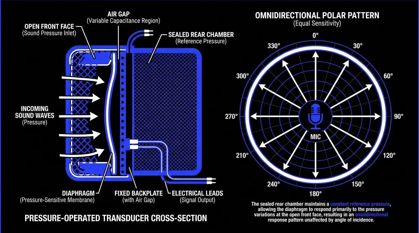 Diagram of a pressure-operated microphone transducer with sealed rear chamber and omnidirectional polar pattern showing equal sensitivity at every angle.