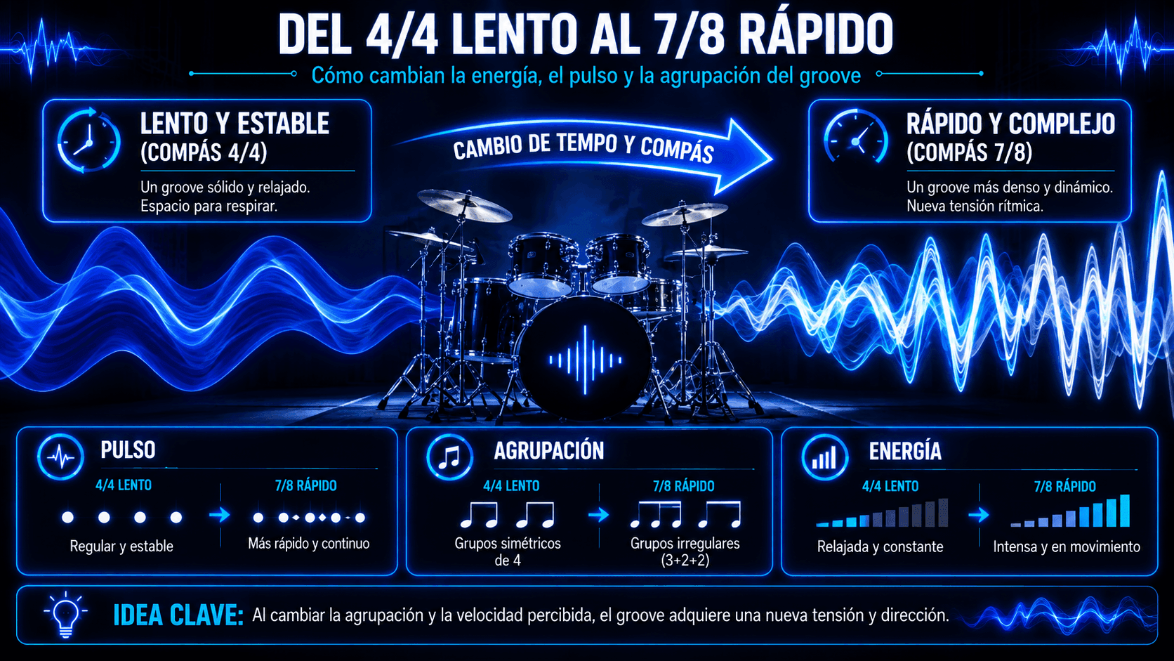 Ilustración de modulación métrica en batería, mostrando un groove lento de 4/4 cambiando a un compás más rápido y complejo de 7/8.