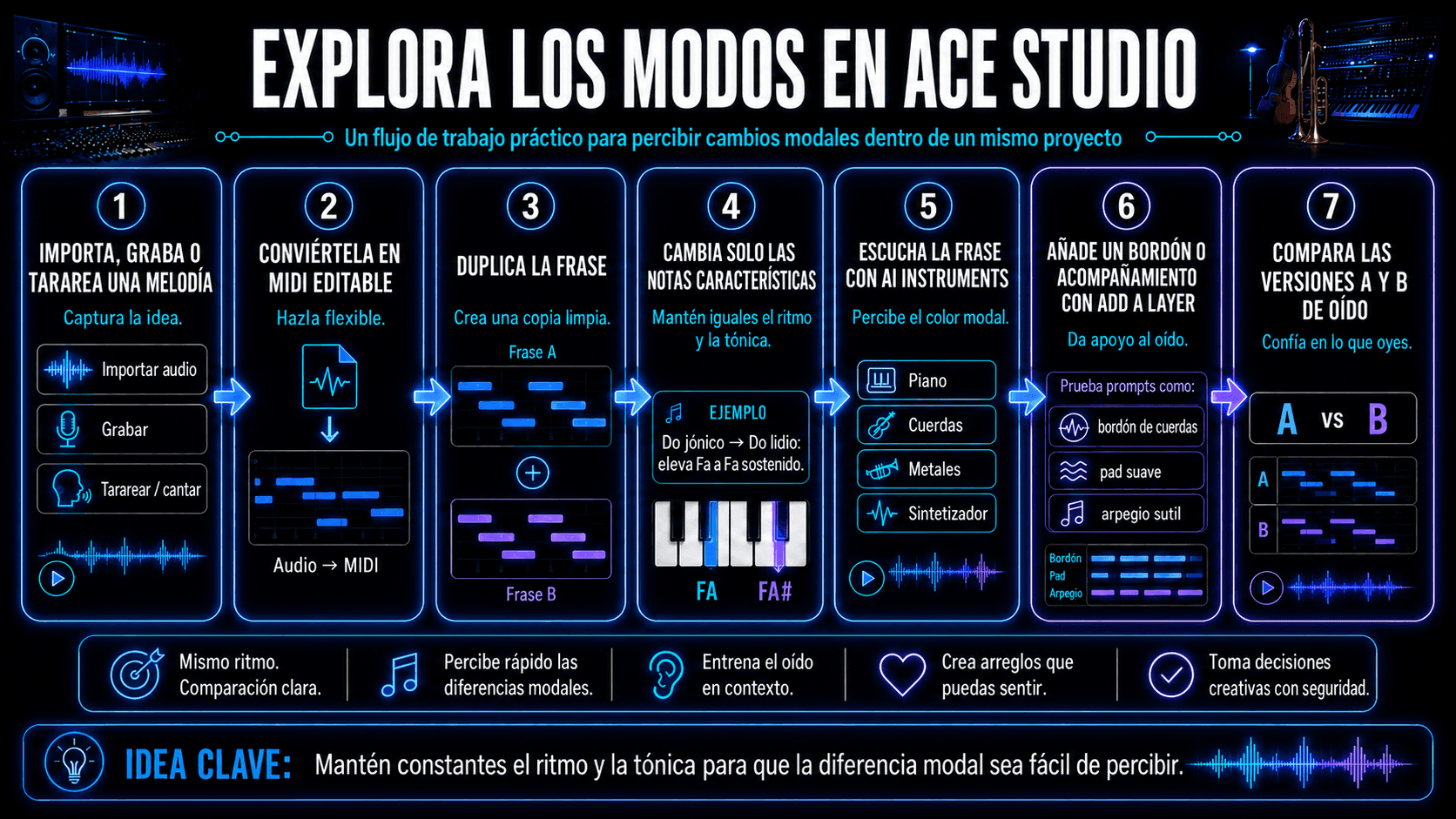 ACE Studio process for recording a melody, converting it to MIDI, changing modal notes, testing AI Instruments, and comparing versions.