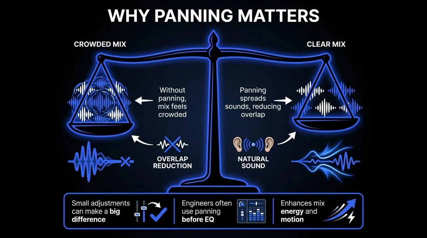 Infographic explaining why panning matters in music mixing, comparing a crowded mix with a clear mix using stereo balance visuals.
