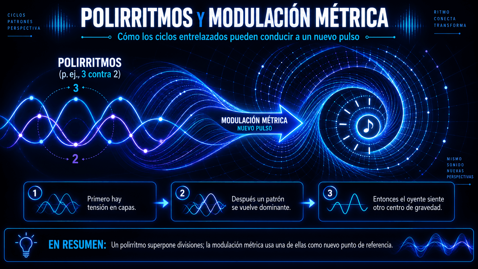 Infografía abstracta mostrando poliritmos, como tres contra dos, llevando a modulación métrica y un nuevo tempo percibido.