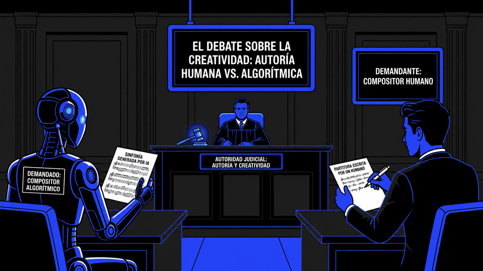 Ilustración de una escena de tribunal mostrando un compositor humano y un compositor algorítmico debatiendo sobre autoría, creatividad y derechos de autor en música generada por IA.