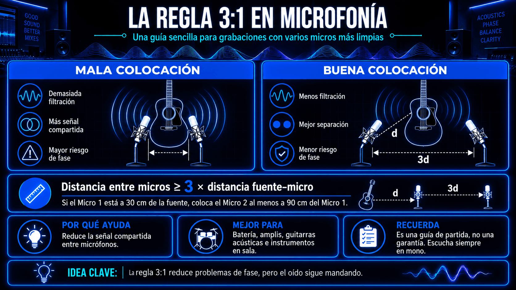 Infografía explicando la regla de colocación de micrófonos 3:1, mostrando espaciado malo y bueno de micrófonos para grabaciones multi-micrófono más limpias con menos filtración y menor riesgo de cancelación de fase.