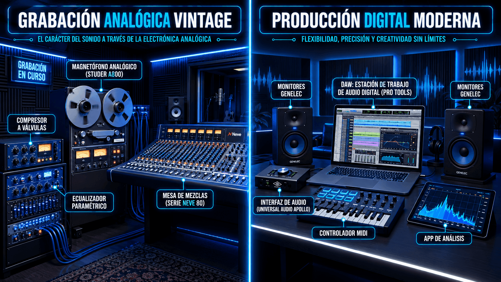 Comparación lado a lado de equipos de estudio analógicos y equipos modernos de producción musical digital.