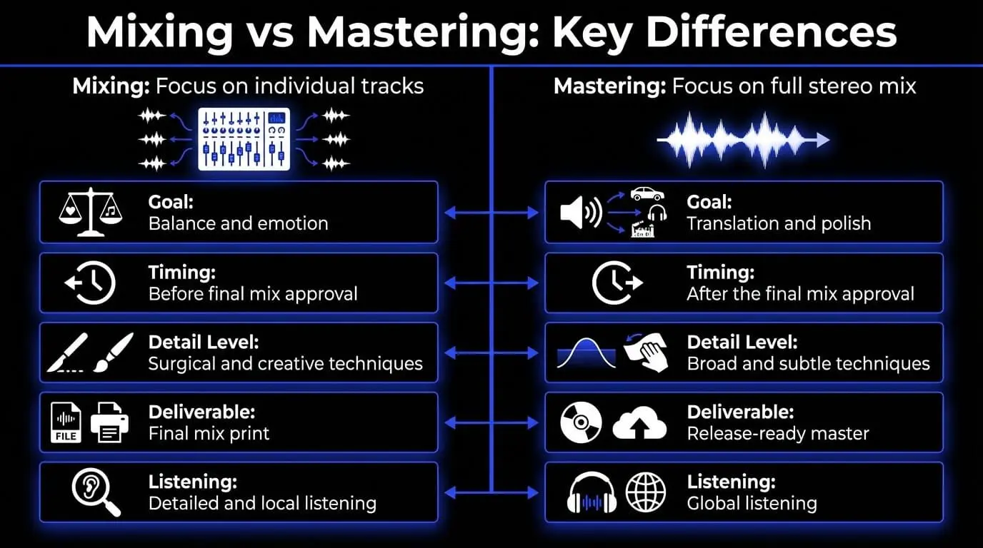 Infographic comparing mixing and mastering, showing differences in goals, timing, detail level, deliverables, and listening approach.