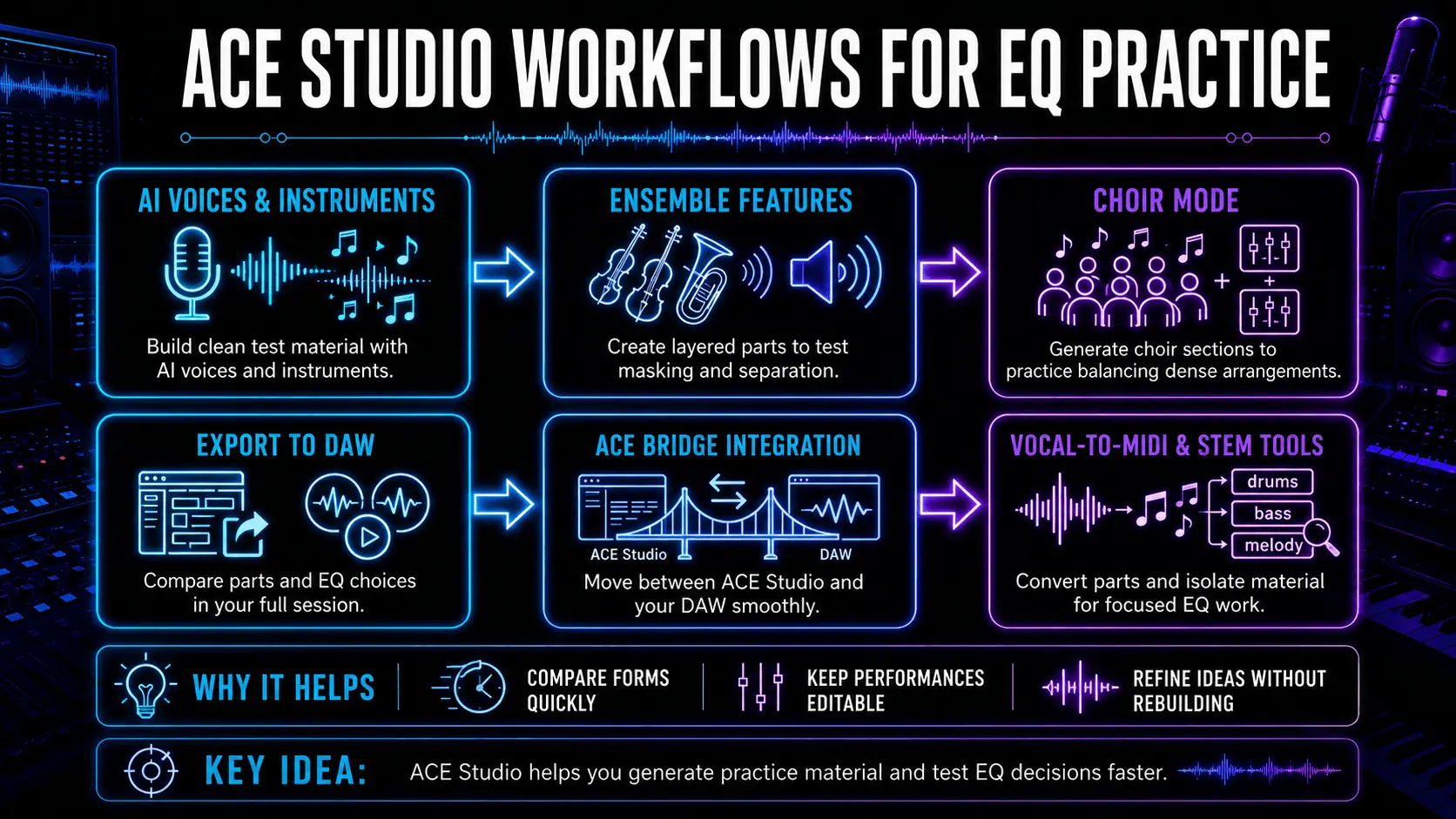 Infographic showing ACE Studio EQ practice workflows, including AI voices, ensemble features, choir mode, DAW export, ACE Bridge integration, vocal-to-MIDI, and stem tools.